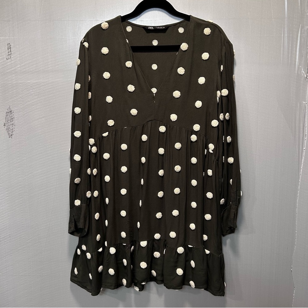Zara Olive Green Baby Doll Tiered Ruffle Polka Dot Mini Dress Size Large - Picture 3 of 7